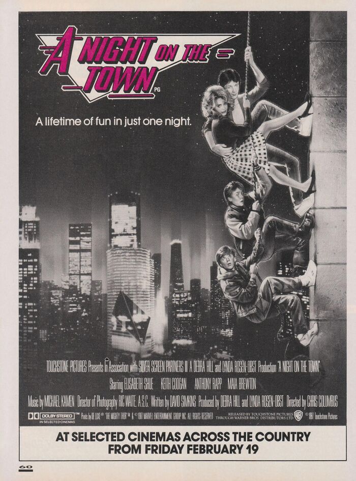 Vintage-commercials movie poster showing three characters scaling a skyscraper at night.