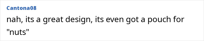 Comment referencing a kids' toy design with a pouch for "nuts," labeled by username Cantona08.