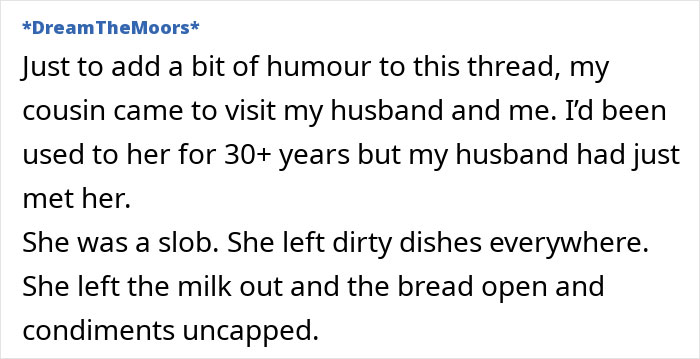 Text sharing a story about a woman&rsquo;s messy house guest experience, discussing dirty dishes and open food containers.
