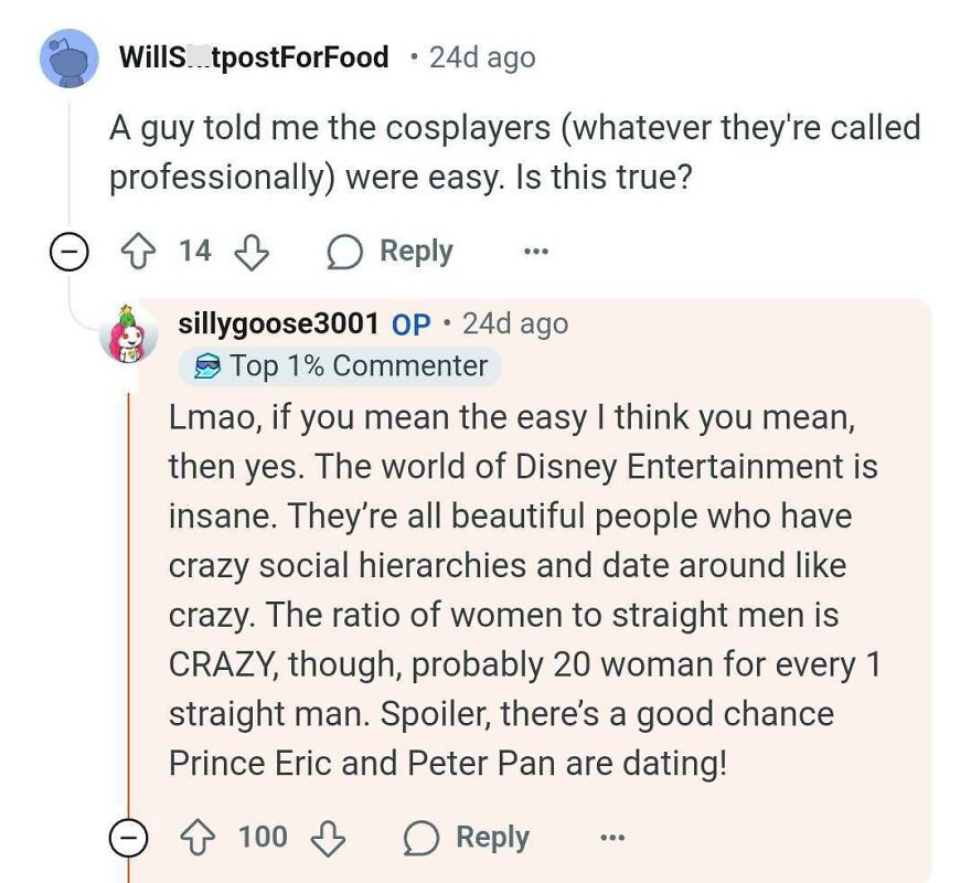 Reddit discussion about Disney Parks secrets involving cosplayers' dating experiences.