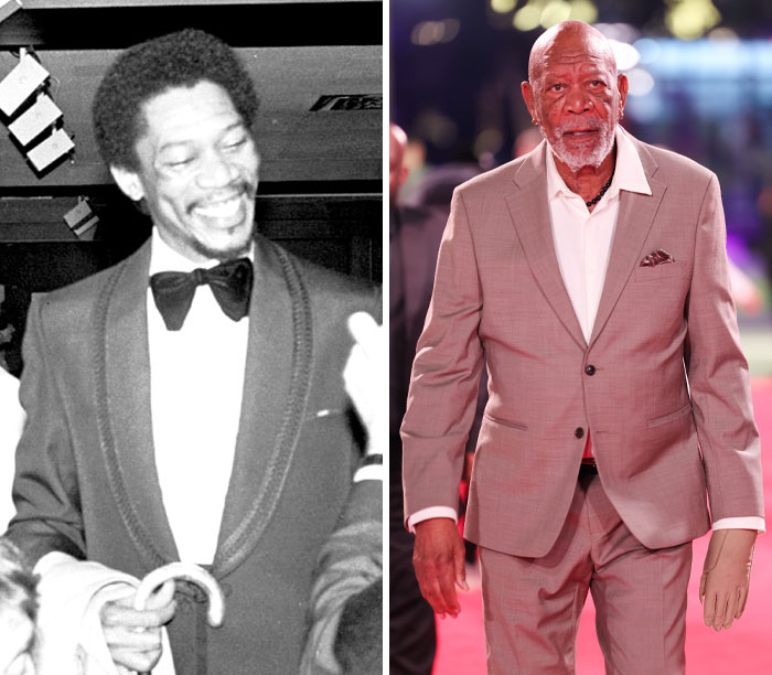 Two actors changing from their first red-carpet appearance in black and white to a modern red-carpet look in color.