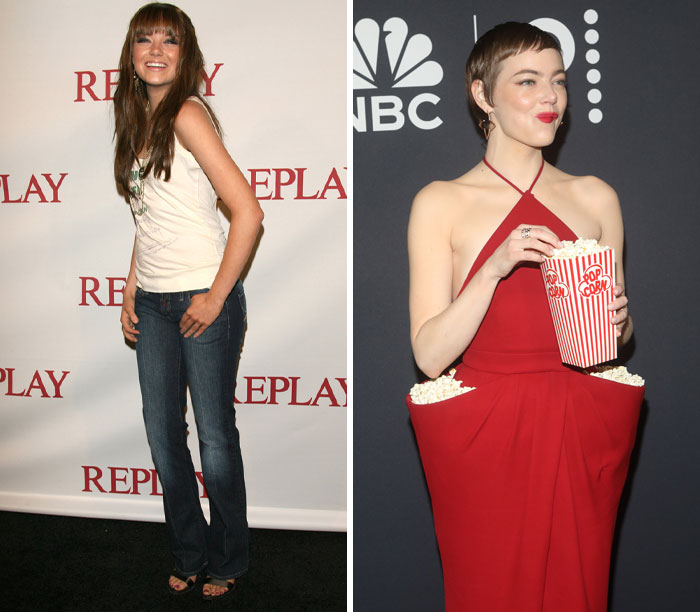 Actor's transformation between first and last red carpet appearance; jeans and tee to elegant red dress with popcorn.