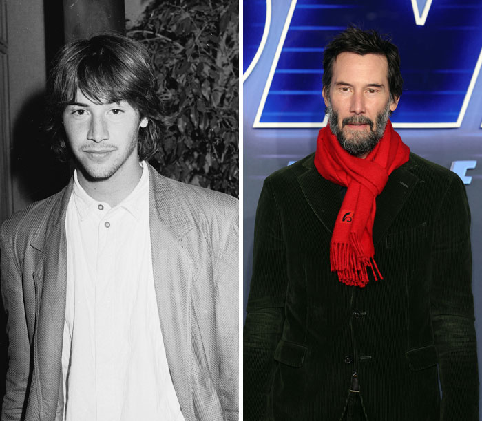 Actor on first and last red carpet; young in black and white photo, older with red scarf in color photo.