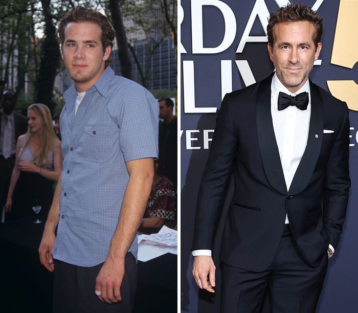 Two images compare an actor's first red-carpet appearance with their latest, showing a casual shirt and a tuxedo.