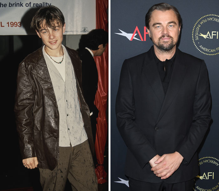 Young actor in brown jacket beside older actor in black suit on red carpet, showing transformation over time.