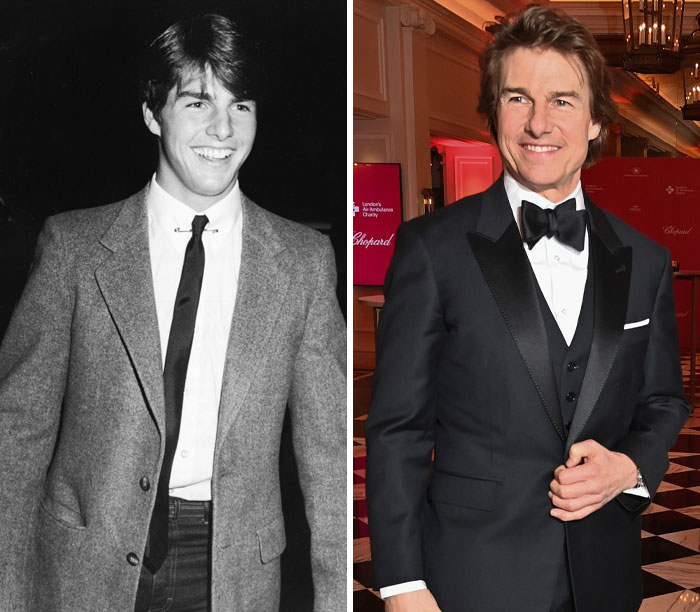 Actor's transformation from first red-carpet appearance in a gray suit to latest in a black tuxedo at a formal event.