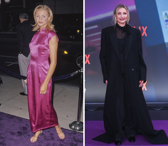 Actor's first red-carpet look in pink dress beside latest appearance in black outfit on purple carpet.