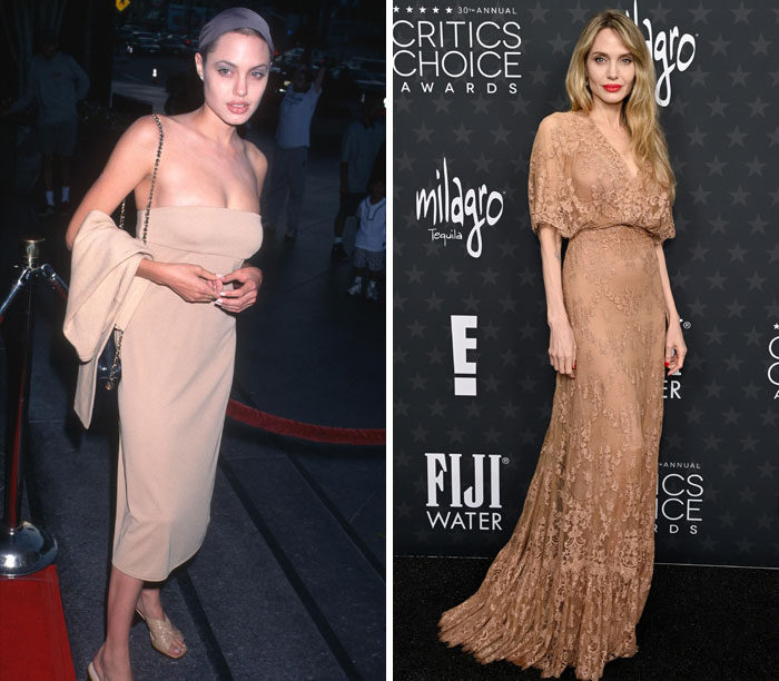 Actor's transformation from first to last red-carpet appearance in elegant beige outfits.