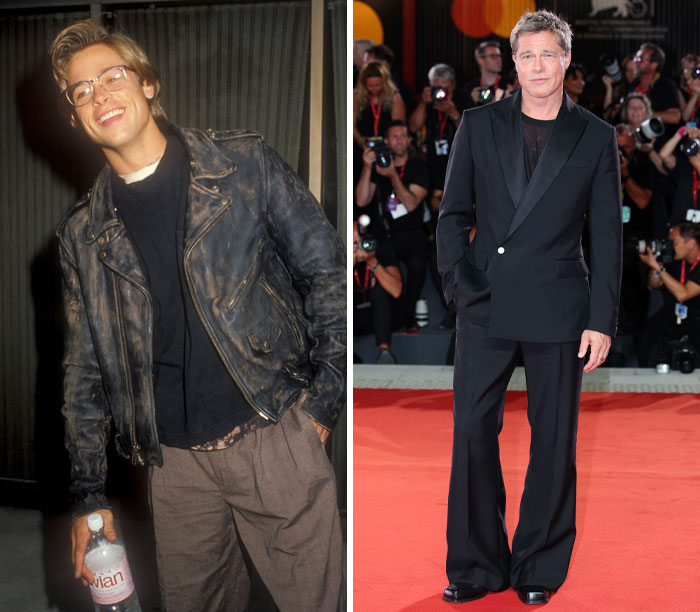 Actor's transformation from early to recent red-carpet appearance, showcasing change in style and attire.