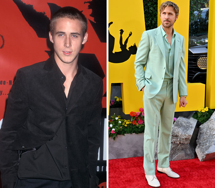 Two images of an actor on the red carpet, showcasing their style evolution from the first appearance to the latest.