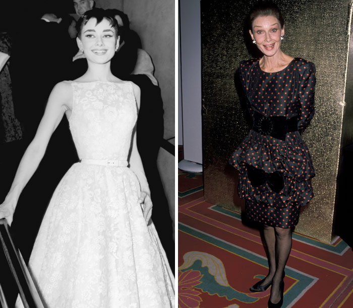 Actors' transformation: a young woman in a sleeveless gown and an older woman in a polka dot dress on the red carpet.