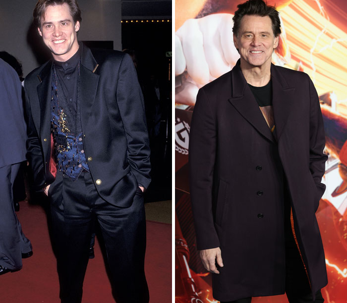 Two images of an actor on the red carpet, showcasing their style transformation over the years.