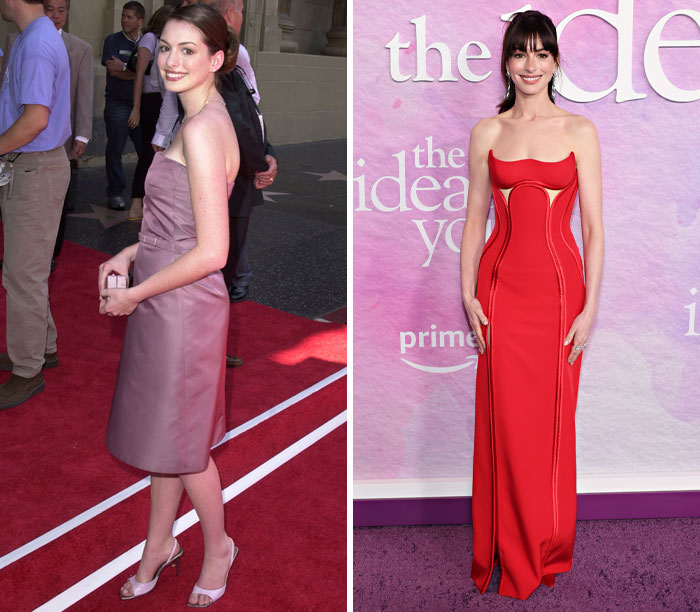 Two images of an actor on the red carpet: first in a purple dress, later in a red gown.