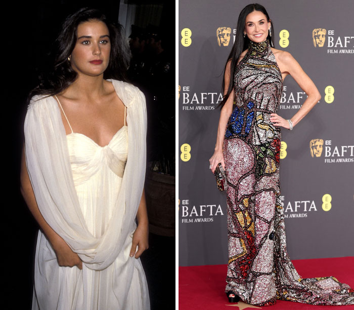 Actor's transformation: First vs. latest red-carpet appearance, showcasing fashion evolution in elegant gowns.