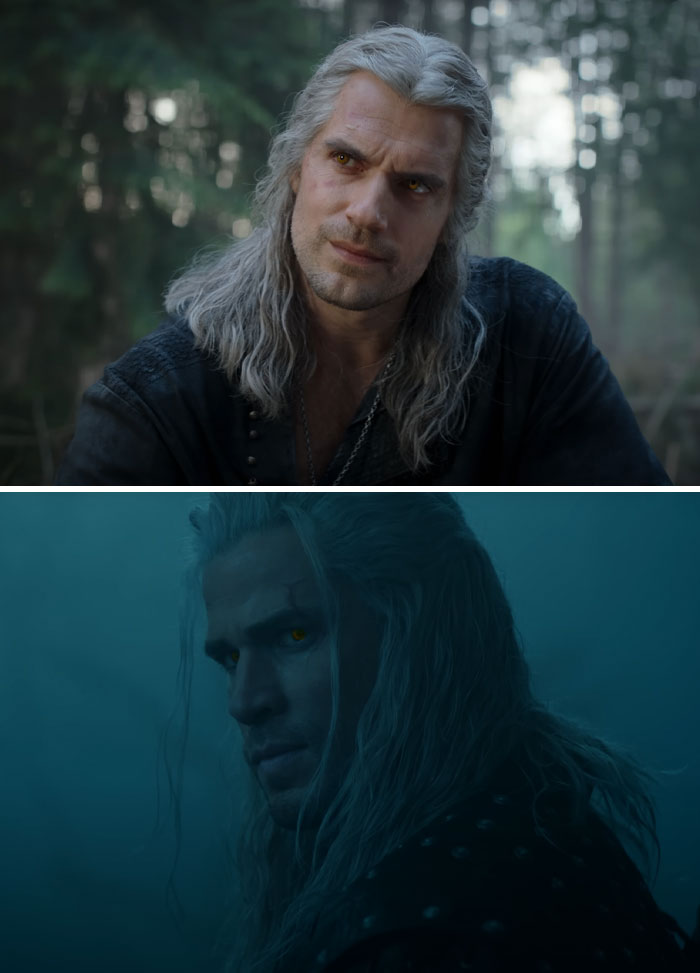 Man with long white hair in forest scene, part of actors replaced mid-production in a fantasy series.