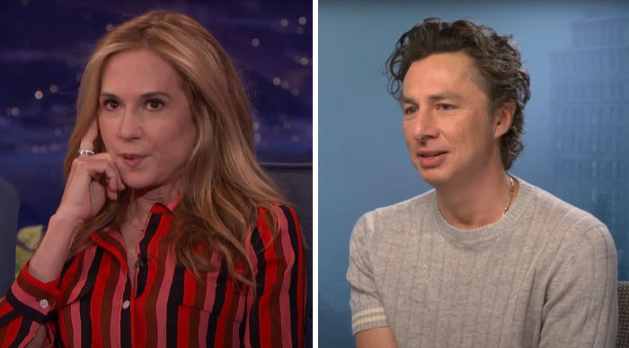 People discussing actors replaced mid-production, one in a striped shirt and the other in a light-colored sweater.