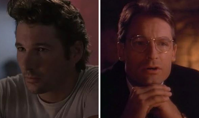 Two actors replaced mid-production, one in a casual shirt and the other wearing glasses in a formal setting.