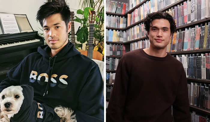 Two actors, one with a dog in a music-filled room, another in a library, possibly reflecting actors replaced mid-production.