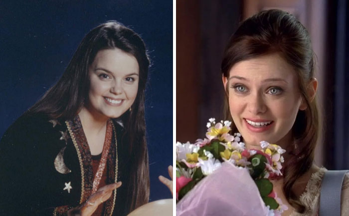Two actresses replaced mid-production, one in a celestial outfit, the other holding flowers with a smile.