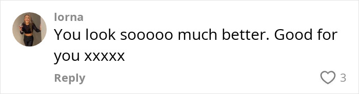 Comment praising a woman for her improved figure after removing BBL, with user profile image and a heart icon.