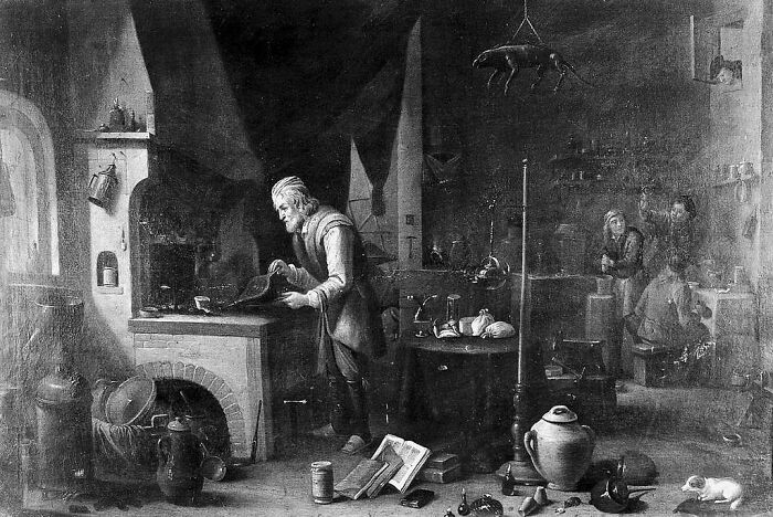 An old occupation scene in a black and white painting, highlighting jobs that have died out over time.