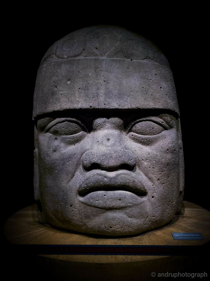 Ancient civilizations artifact: a massive stone head sculpture displayed on a wooden base against a dark background.