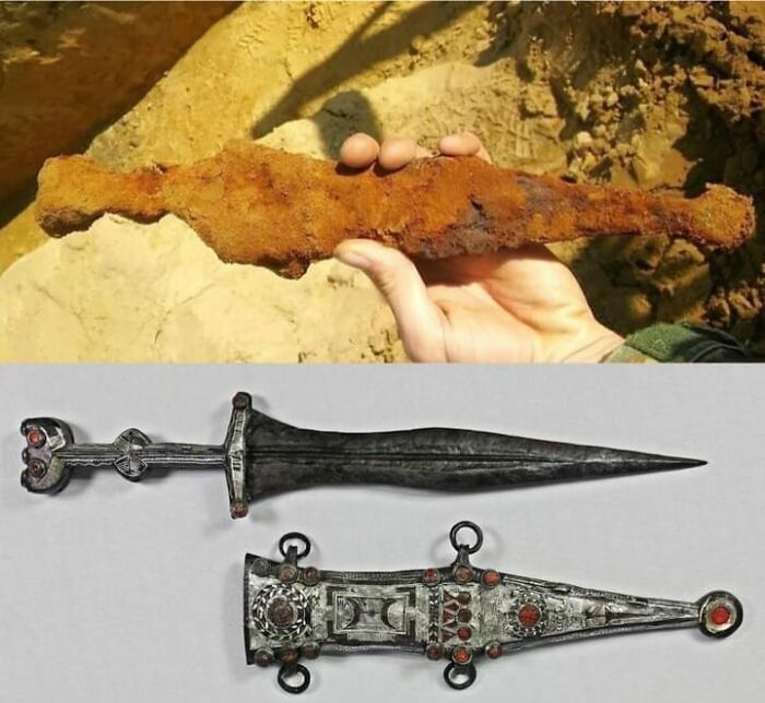 Ancient civilization artifacts: a rusty dagger and its restored version with ornate details.
