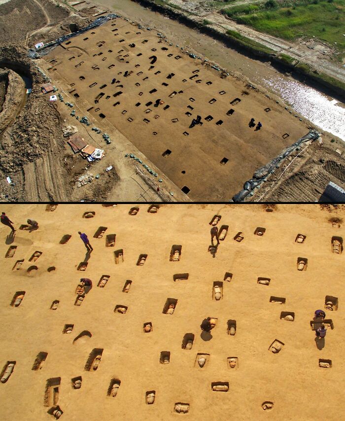 Aerial view of archaeological site revealing artifacts of ancient civilizations, with excavated pits and workers visible.