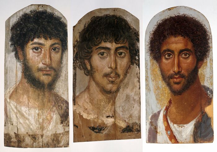 Ancient portrait artifacts showcasing detailed depictions of three men from ancient civilizations.