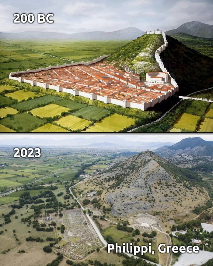 Ancient civilizations site in Philippi, Greece; a historical transformation from 200 BC to 2023.
