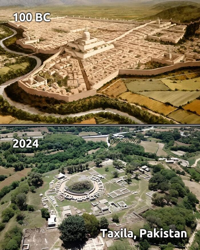 Ancient civilizations: an illustrated view of Taxila in 100 BC and its present ruins in 2024, Pakistan.