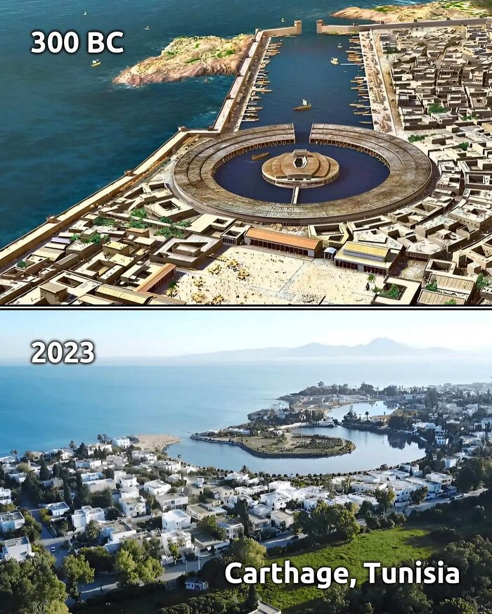 Ancient civilizations: Carthage in 300 BC and modern Carthage in 2023, showing historical transformation.