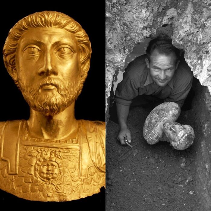 Golden bust artifact and archaeologist in excavation; offering glimpse into ancient civilizations.