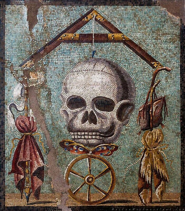 Mosaic of skull and objects, showcasing artifacts from ancient civilizations.