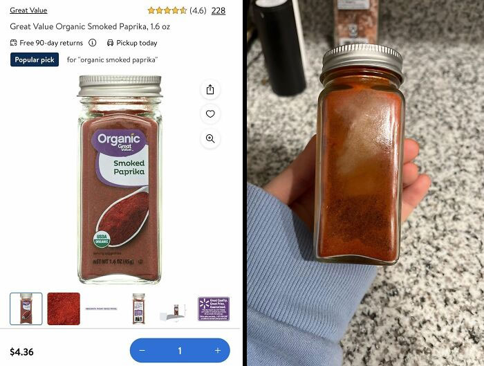 Comparison of smoked paprika online listing versus in-hand purchase, highlighting product discrepancy.