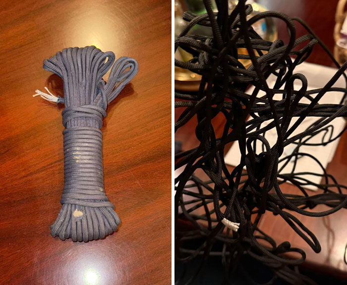 Neatly coiled rope next to tangled mess, illustrating annoying husbands' habits.