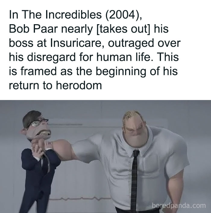 Character from The Incredibles confronts his boss, reflecting anti-capitalism themes.