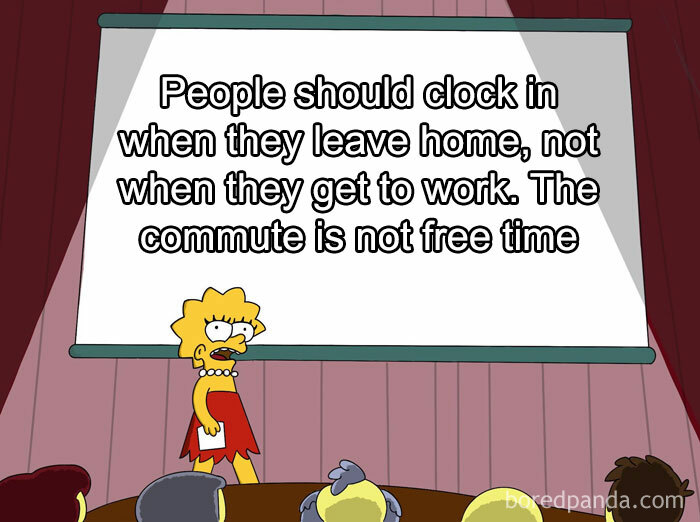 Cartoon character presenting anti-capitalism message about commute time on a stage.