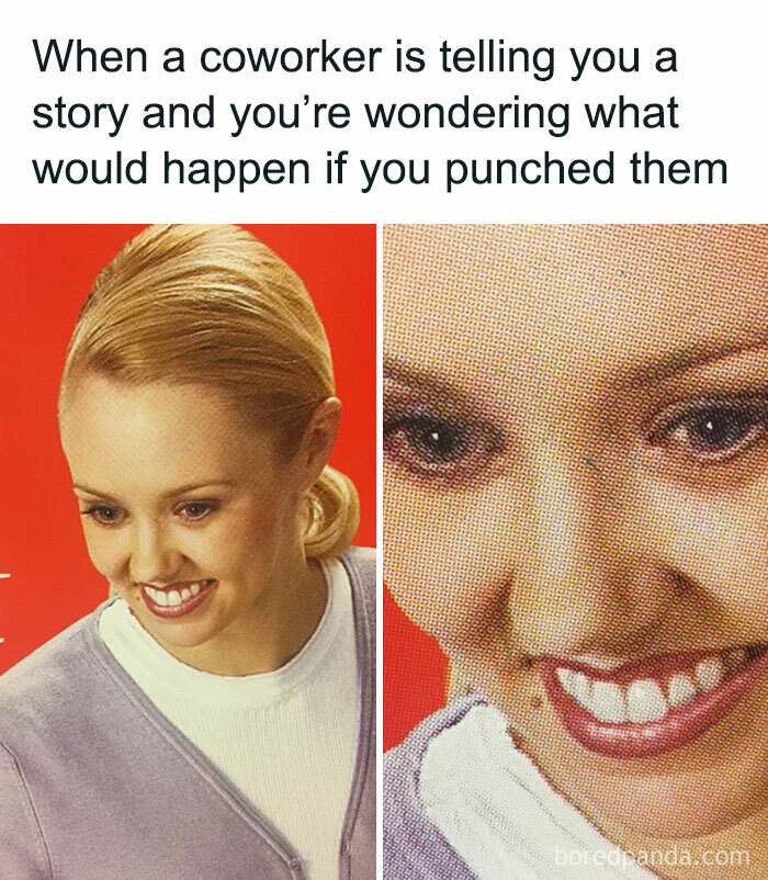 Close-up of a woman with a forced smile, depicting a funny and relatable workforce meme.