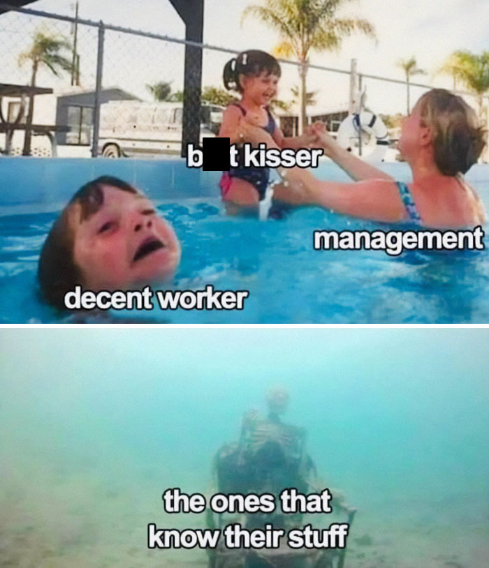 Humorous meme depicting today's workforce dynamics with management, worker, and expert underwater.