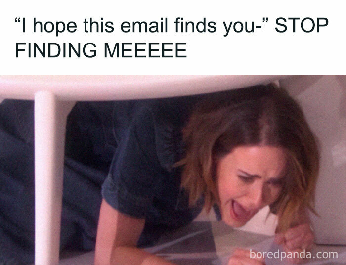 A relatable meme about today's workforce, with a woman hiding under a table reacting to an email phrase.