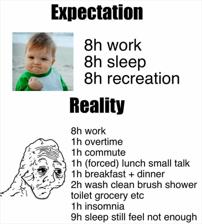 Meme comparing expectations vs reality of today's overworked workforce, with a baby and exhausted character illustration.