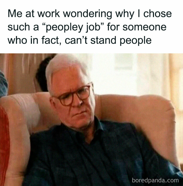 Man sitting on a couch, looking frustrated; humorous caption about today's overworked workforce.