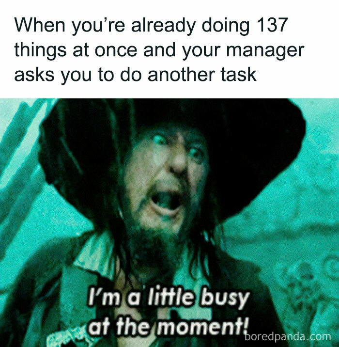 Pirate character looking overwhelmed with text about being overworked, highlighting today's workforce struggles.