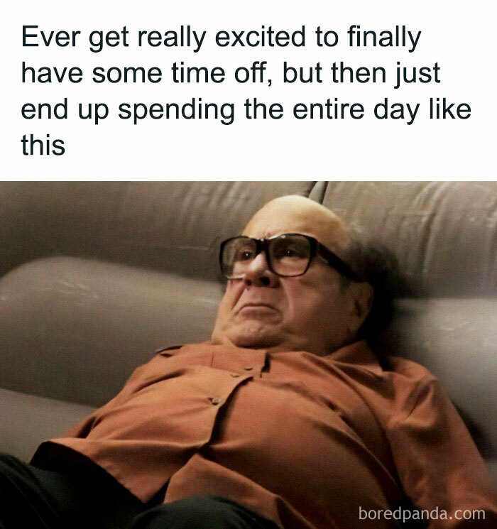 Overworked person's meme on couch, wearing glasses and looking tired, representing today's workforce.