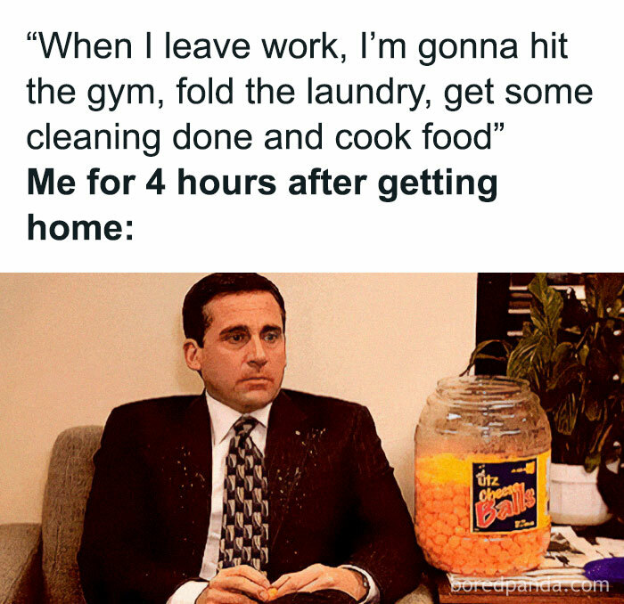 Man in suit sitting tiredly with cheese balls, depicting relatable meme about today's overworked workforce.