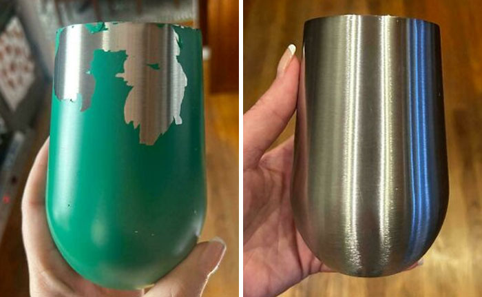 Two metal cups; one with peeling green paint, highlighting consumerism wear and irony.