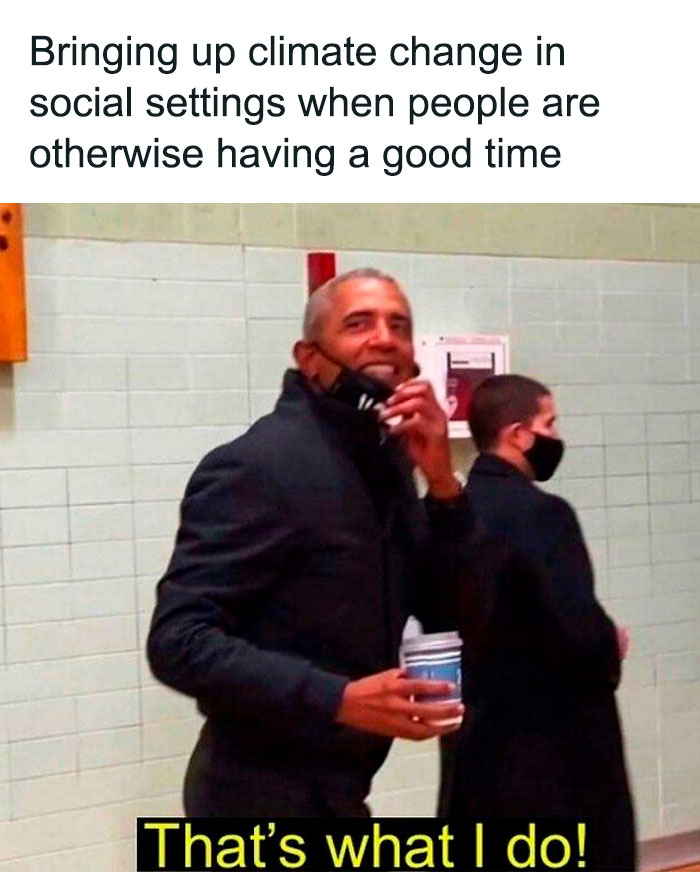 Man joking about climate change at a social event, embodying irony and consumerism fatigue.