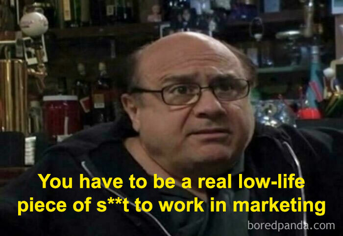 A person expressing a cynical view on marketing, highlighting ironic consumerism sentiments.