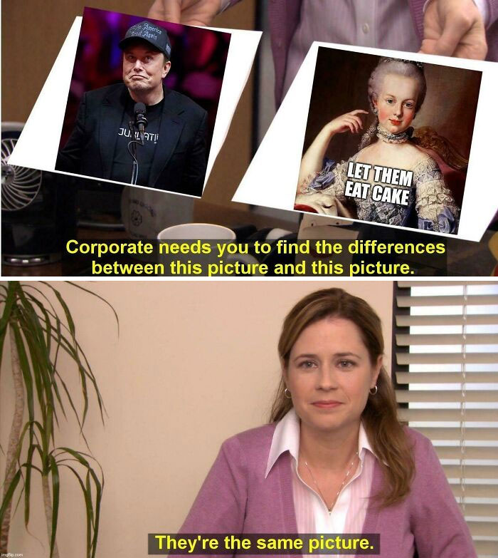 Meme comparing two ironic images, highlighting consumerism themes; character concludes they are the same picture.